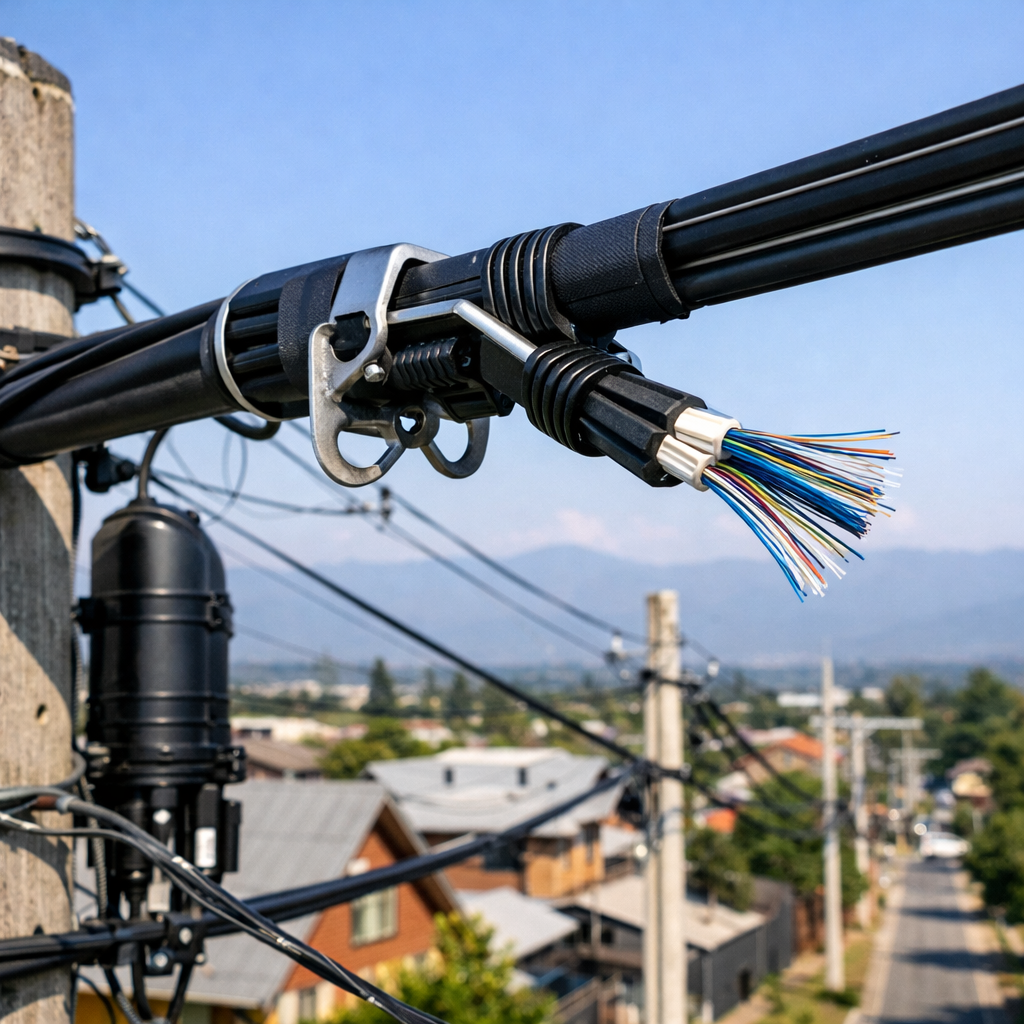 cable fibra óptica ADSS instalado en postes red aérea FTTH
